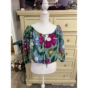 KORI Floral  Off Shoulder Tie Neck Long Sleeve Crop‎ Top Women's Size M Preownd